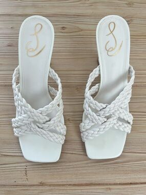 Sam Edelman White Braided Strap Heels Square Toe Mule Sandals Size 8.5